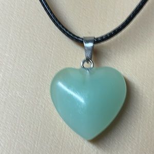 20mm Stone Heart Green Adenturine Necklace 18” Leather Cord